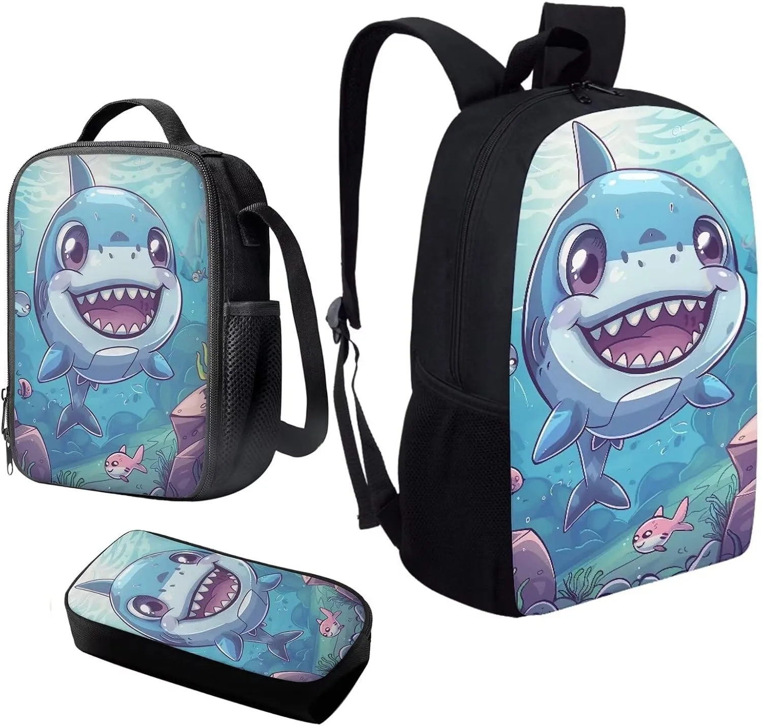 Howilath Cute Shark Baby Pattern Lightweight 17 Inch Shoulder Bag Set Adorable Funny Backpack for Teen Girls Boys with Thermal Insulated Lunchbox Pencil Case