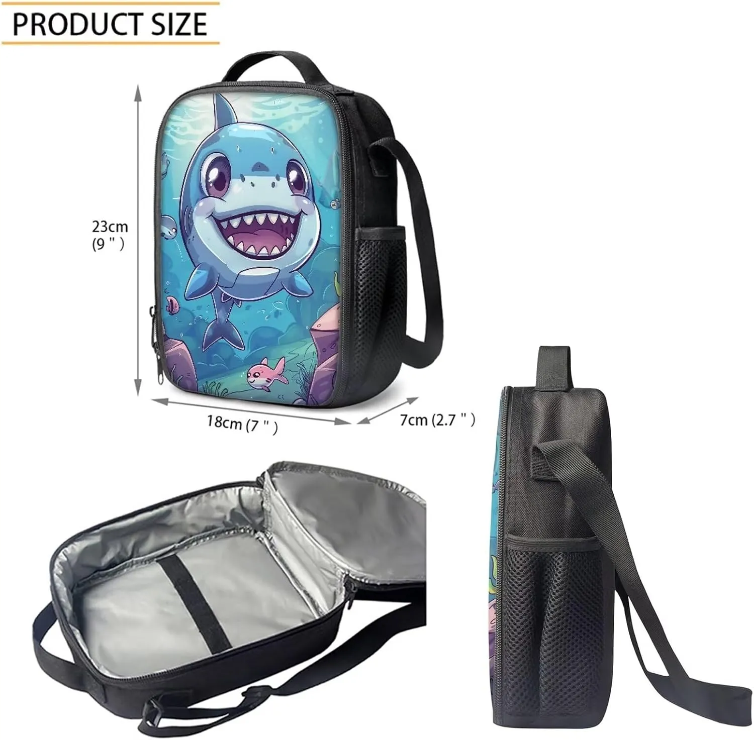 Howilath Cute Shark Baby Pattern Lightweight 17 Inch Shoulder Bag Set Adorable Funny Backpack for Teen Girls Boys with Thermal Insulated Lunchbox Pencil Case