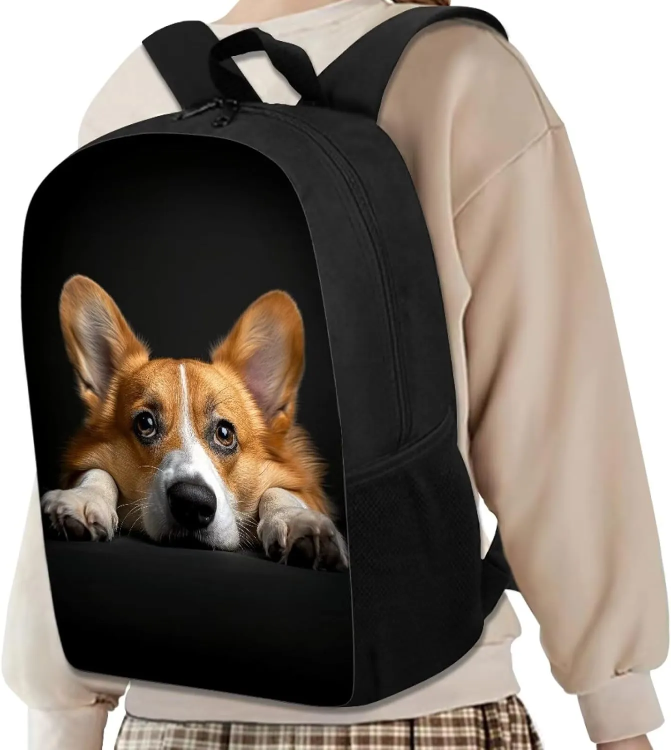 HUGS IDEA Black Corgi School Backpack Bookbag Casual Travel Bag for Boys Girls, Elementary High School Students Backpack, 17 Inches