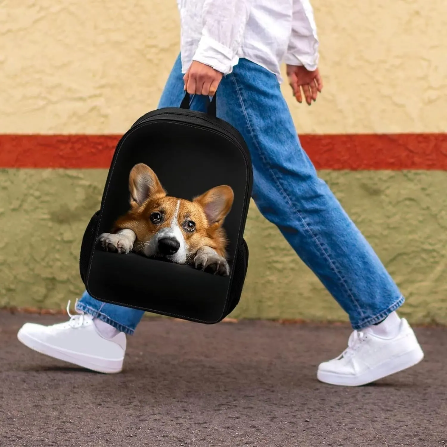 HUGS IDEA Black Corgi School Backpack Bookbag Casual Travel Bag for Boys Girls, Elementary High School Students Backpack, 17 Inches