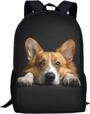 HUGS IDEA Black Corgi School Backpack Bookbag Casual Travel Bag for Boys Girls, Elementary High School Students Backpack, 17 Inches