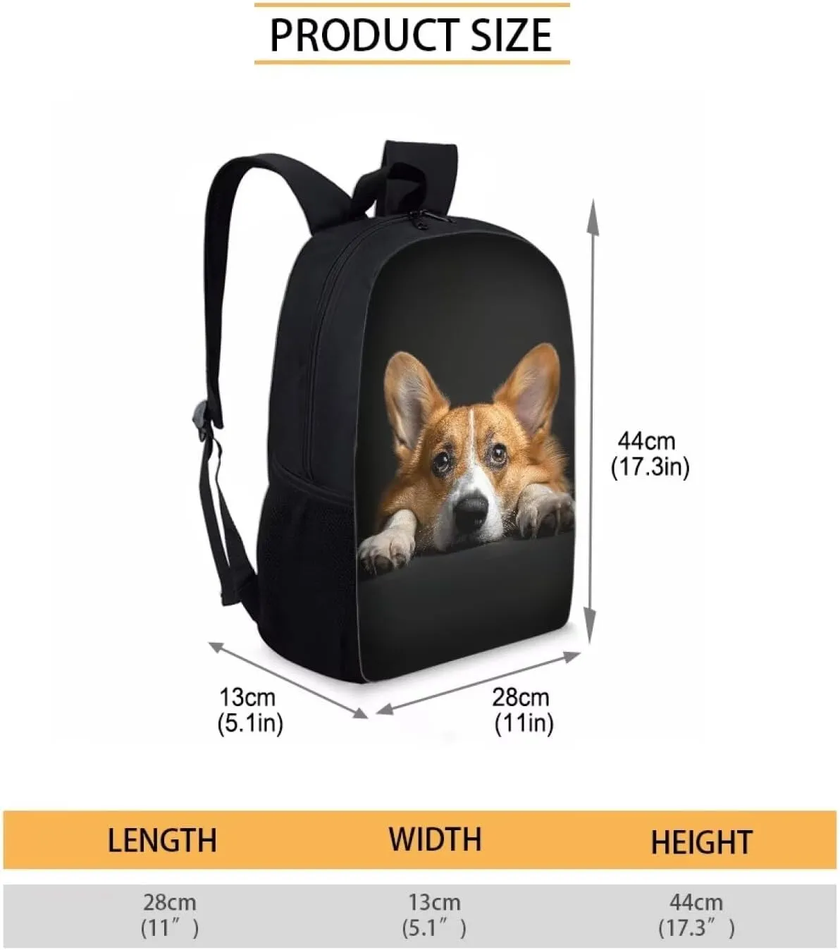 HUGS IDEA Black Corgi School Backpack Bookbag Casual Travel Bag for Boys Girls, Elementary High School Students Backpack, 17 Inches