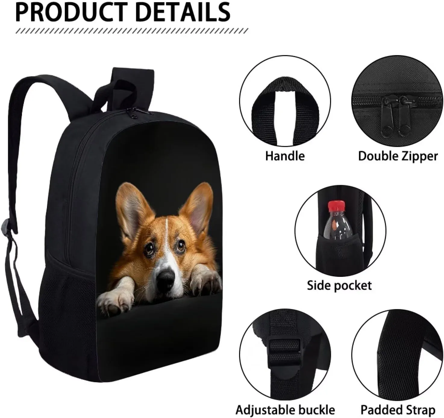HUGS IDEA Black Corgi School Backpack Bookbag Casual Travel Bag for Boys Girls, Elementary High School Students Backpack, 17 Inches