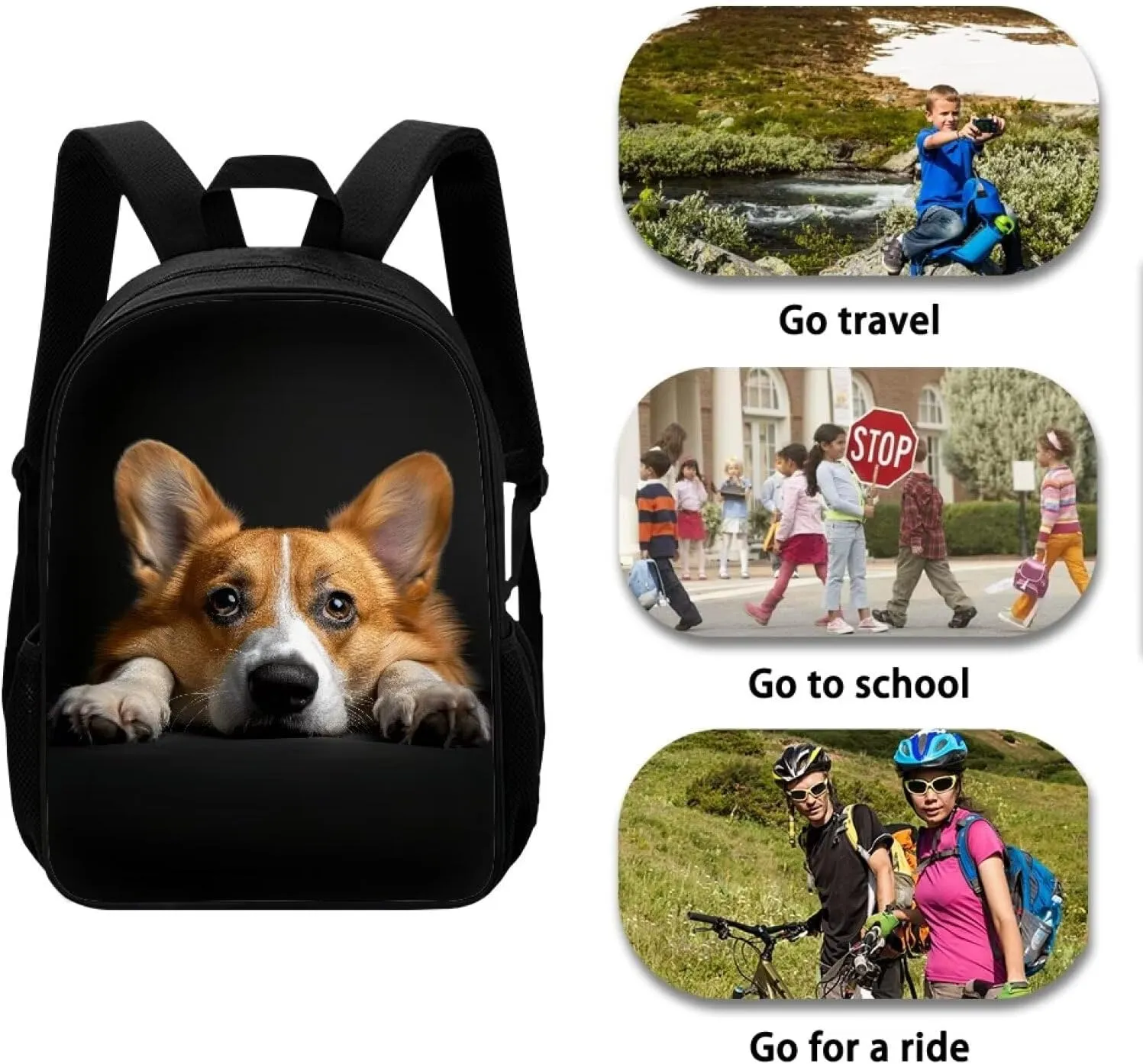HUGS IDEA Black Corgi School Backpack Bookbag Casual Travel Bag for Boys Girls, Elementary High School Students Backpack, 17 Inches