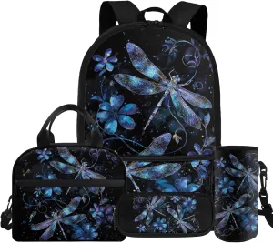 HUGS IDEA Blue Dragonfly Kids Backpack for Girls School Bookbag for Kids 10-12 Large School Bag Set for Girls with Lunch Bag 17 Inch Middle School Backpack 4 Pcs Kids Schoolbag Set