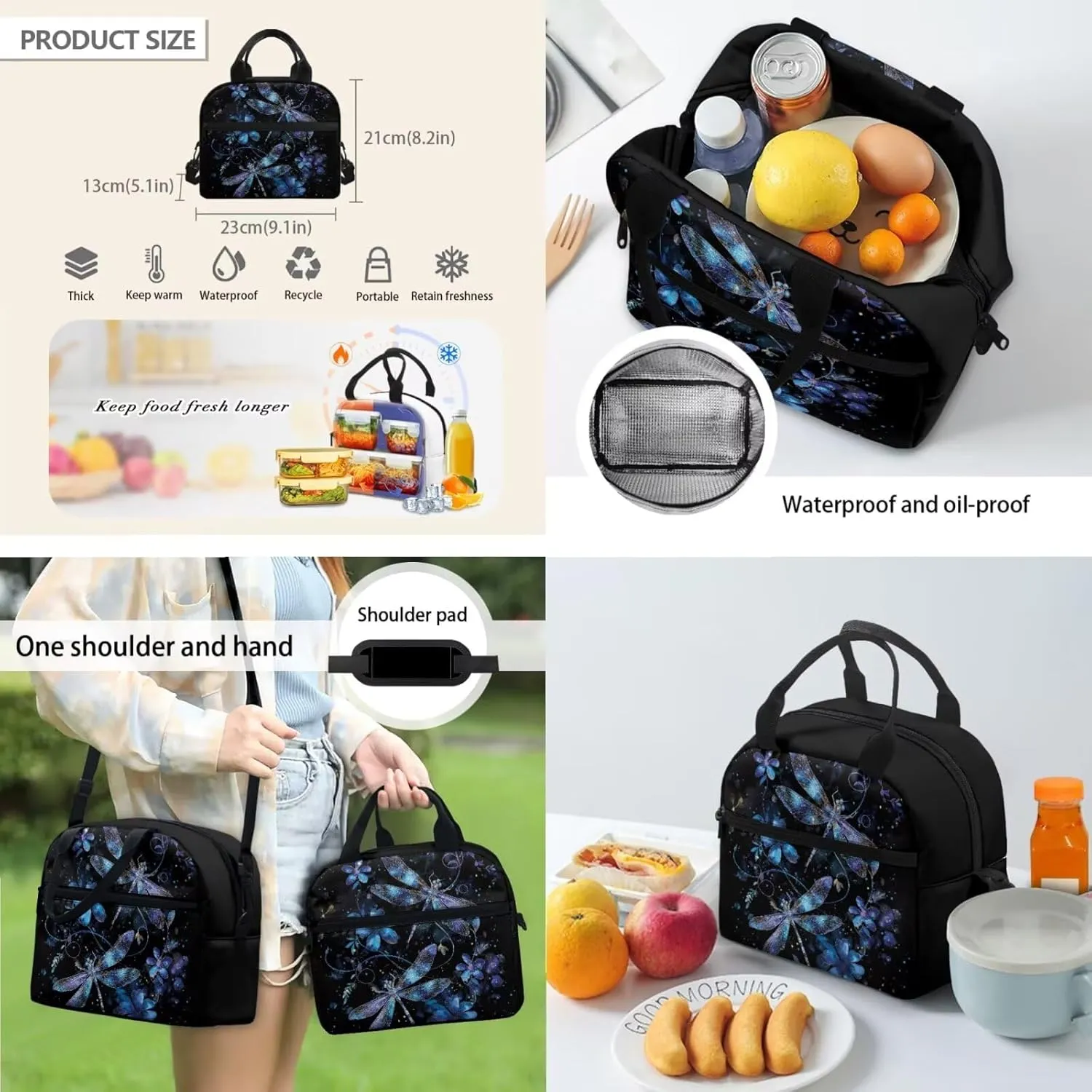 HUGS IDEA Blue Dragonfly Kids Backpack for Girls School Bookbag for Kids 10-12 Large School Bag Set for Girls with Lunch Bag 17 Inch Middle School Backpack 4 Pcs Kids Schoolbag Set
