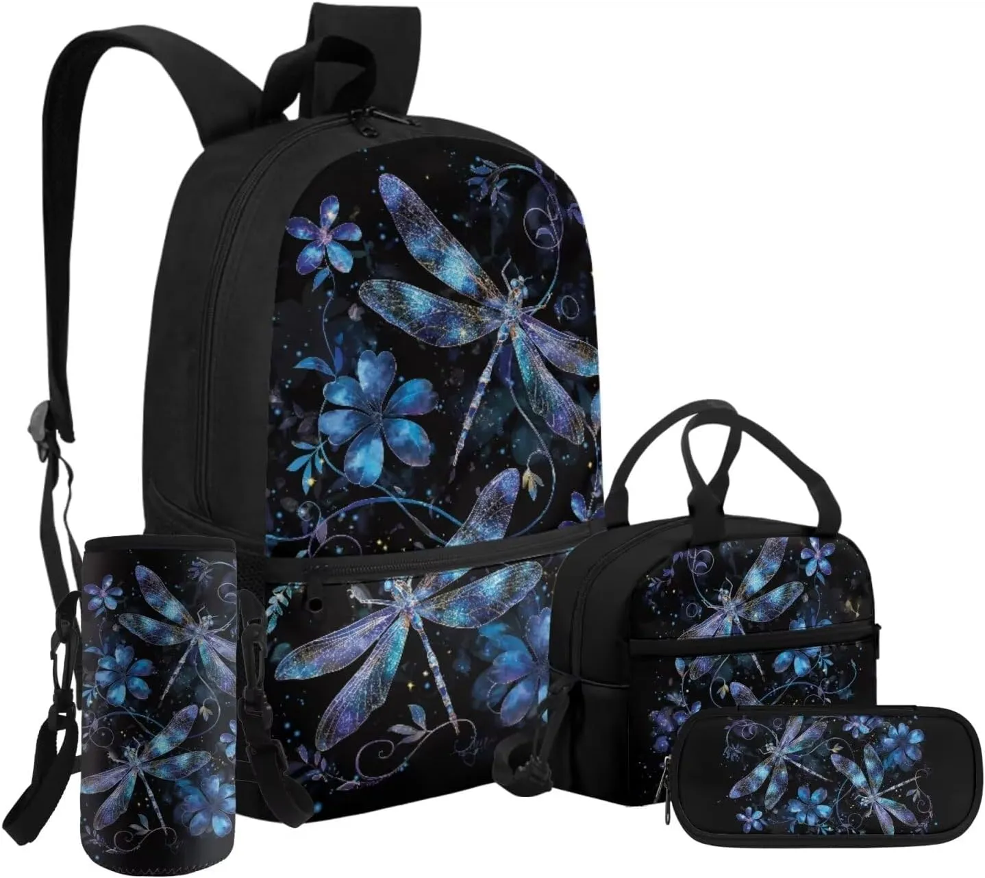 HUGS IDEA Blue Dragonfly Kids Backpack for Girls School Bookbag for Kids 10-12 Large School Bag Set for Girls with Lunch Bag 17 Inch Middle School Backpack 4 Pcs Kids Schoolbag Set