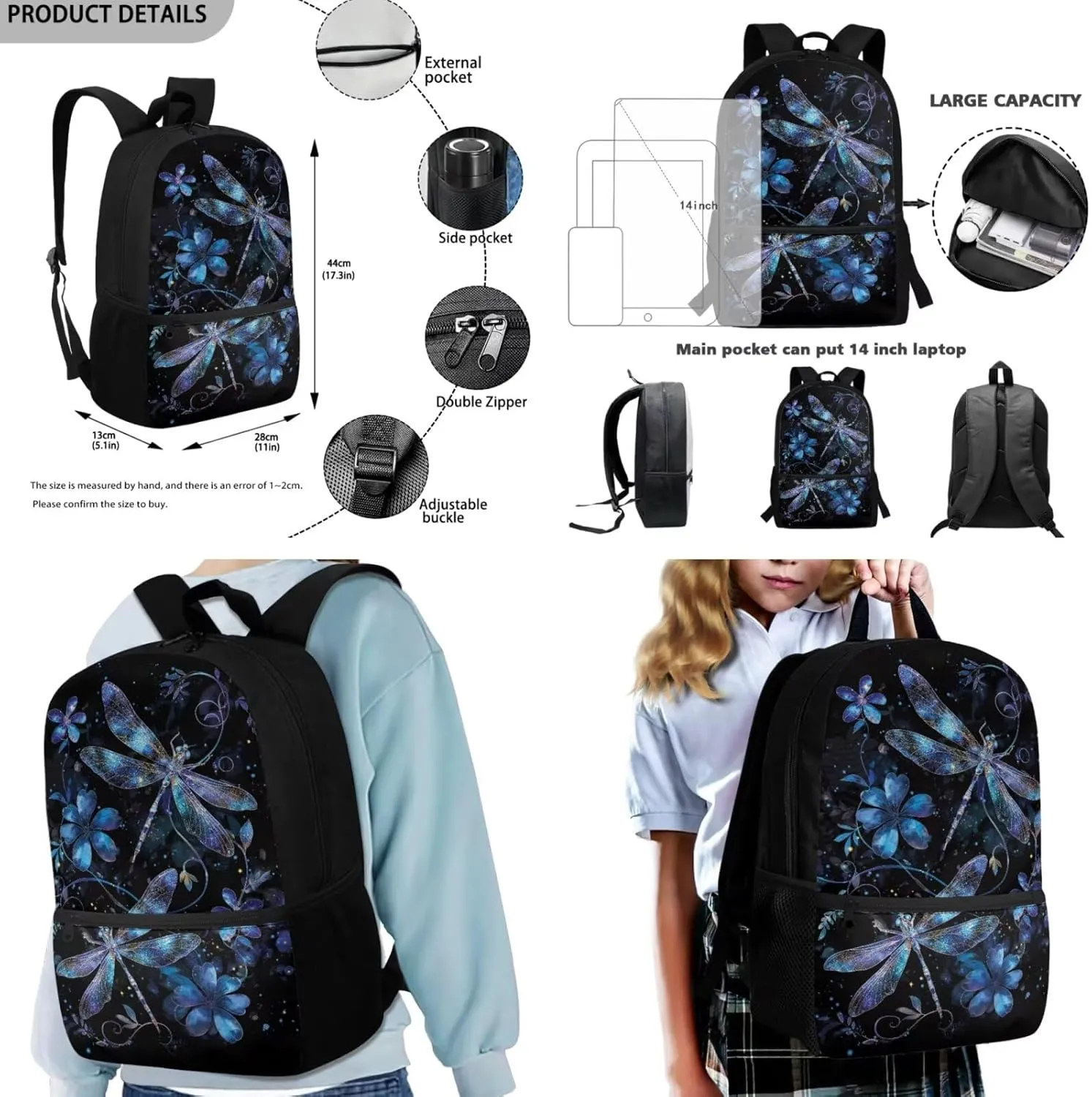 HUGS IDEA Blue Dragonfly Kids Backpack for Girls School Bookbag for Kids 10-12 Large School Bag Set for Girls with Lunch Bag 17 Inch Middle School Backpack 4 Pcs Kids Schoolbag Set