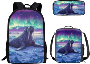 HUGS IDEA Seal Kids Backpack Set 3Pcs Kids Backpack for Girls Boys School Backpack with Lunch Bag Pen Bag Set for Kindergarten Preschool Elementary School Students 17 Inch Children Travel Handbag