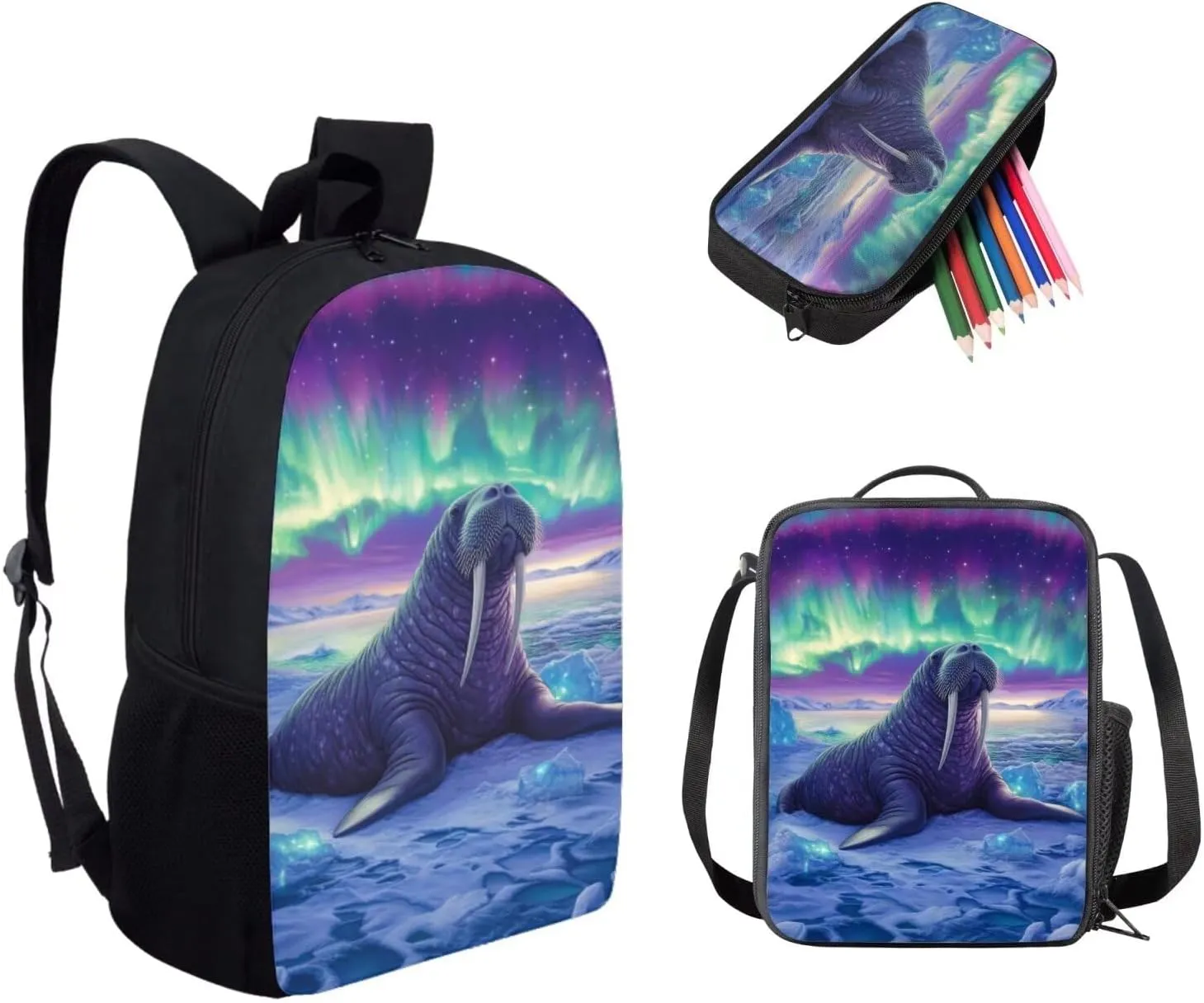 HUGS IDEA Seal Kids Backpack Set 3Pcs Kids Backpack for Girls Boys School Backpack with Lunch Bag Pen Bag Set for Kindergarten Preschool Elementary School Students 17 Inch Children Travel Handbag
