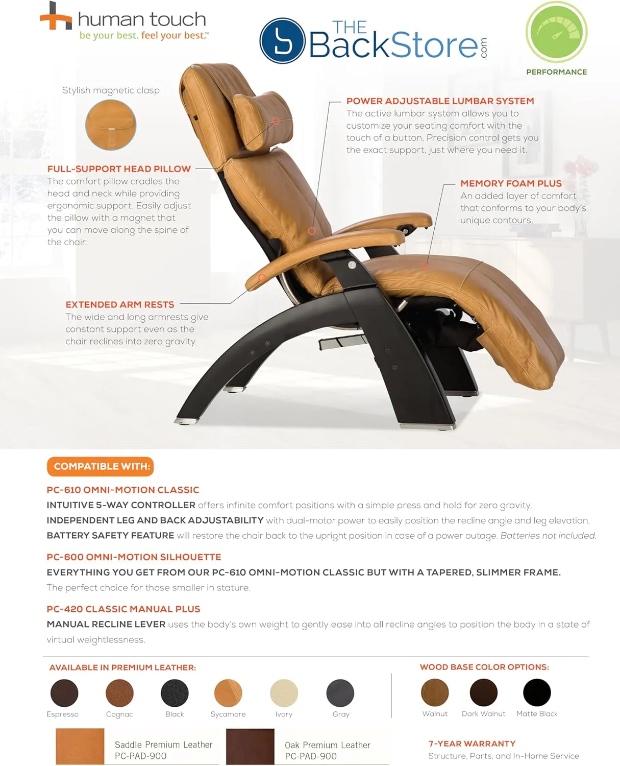 Human Touch PC-420 Manual Zero Gravity Perfect Chair Recliner Performance Upholstery Package Walnut   Laptop Desk - Oak Premium Leather