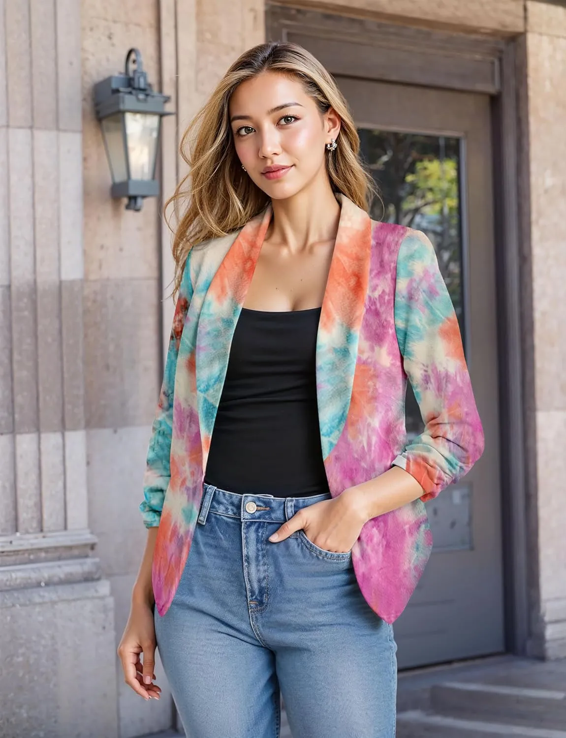 Hybrid & Company Women's Casual Work Office Blazer Jacket Open Front Shawl with 3/4 Scrunch Sleeves