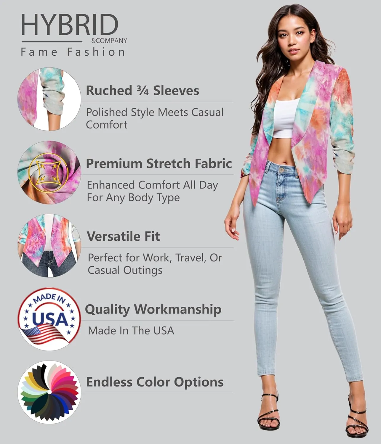 Hybrid & Company Women's Casual Work Office Blazer Jacket Open Front Shawl with 3/4 Scrunch Sleeves