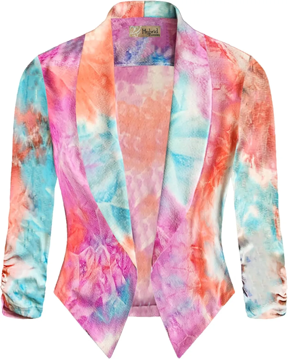 Hybrid & Company Women's Casual Work Office Blazer Jacket Open Front Shawl with 3/4 Scrunch Sleeves