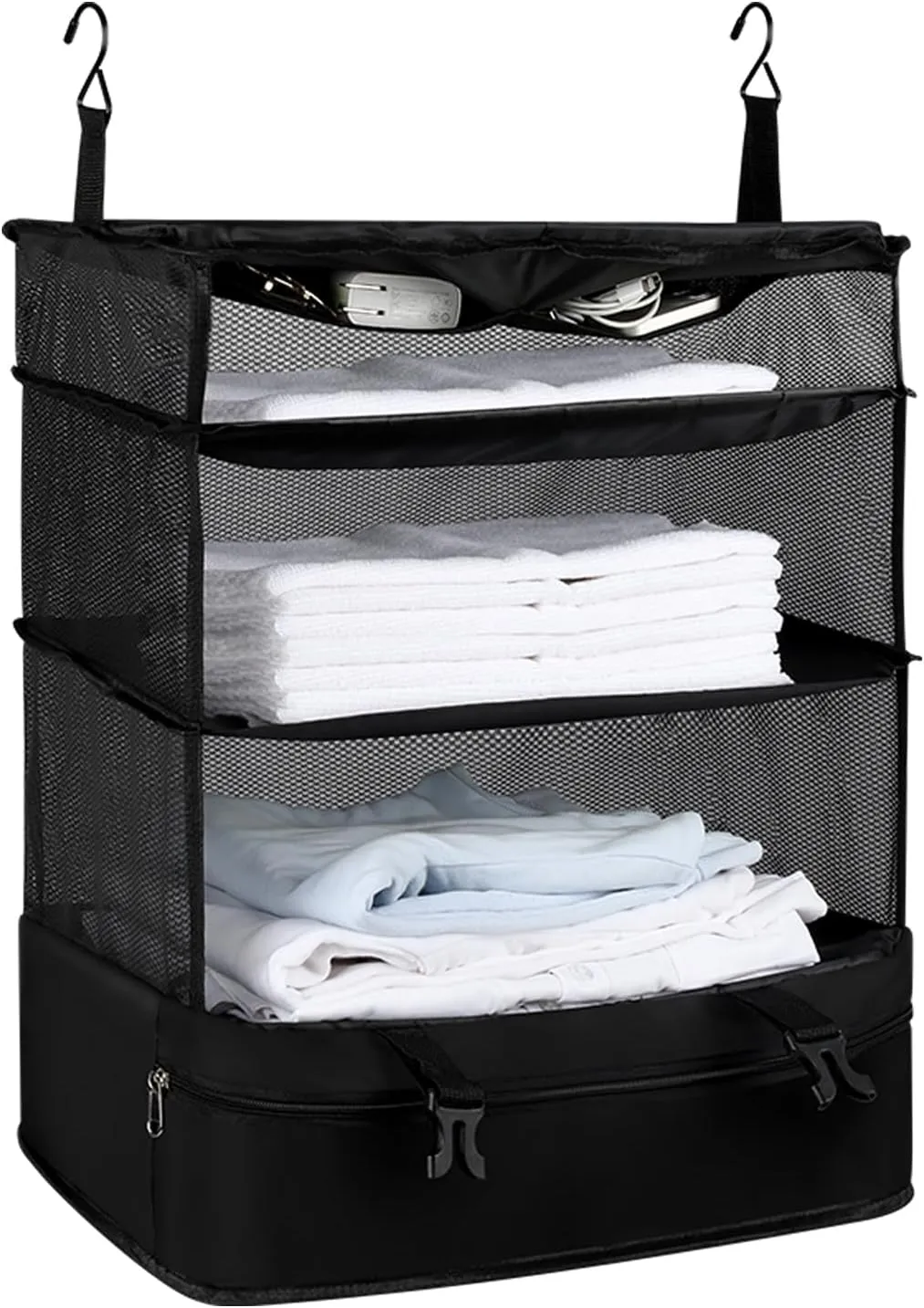 Hyindoor Portable Hanging Travel Luggage Organizer, Collapsible Compartment Hanging Closet, Suitcase Storage for Easy Packing, Black X-Large