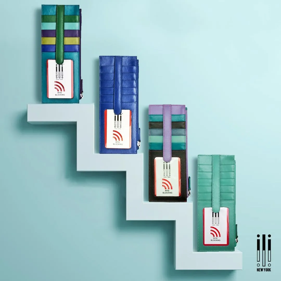 ili New York Long Double Sided Slim Wallet, RFID Blocking Card Holder with ID Window and Side Zip Pocket for Men and Women, Aqua