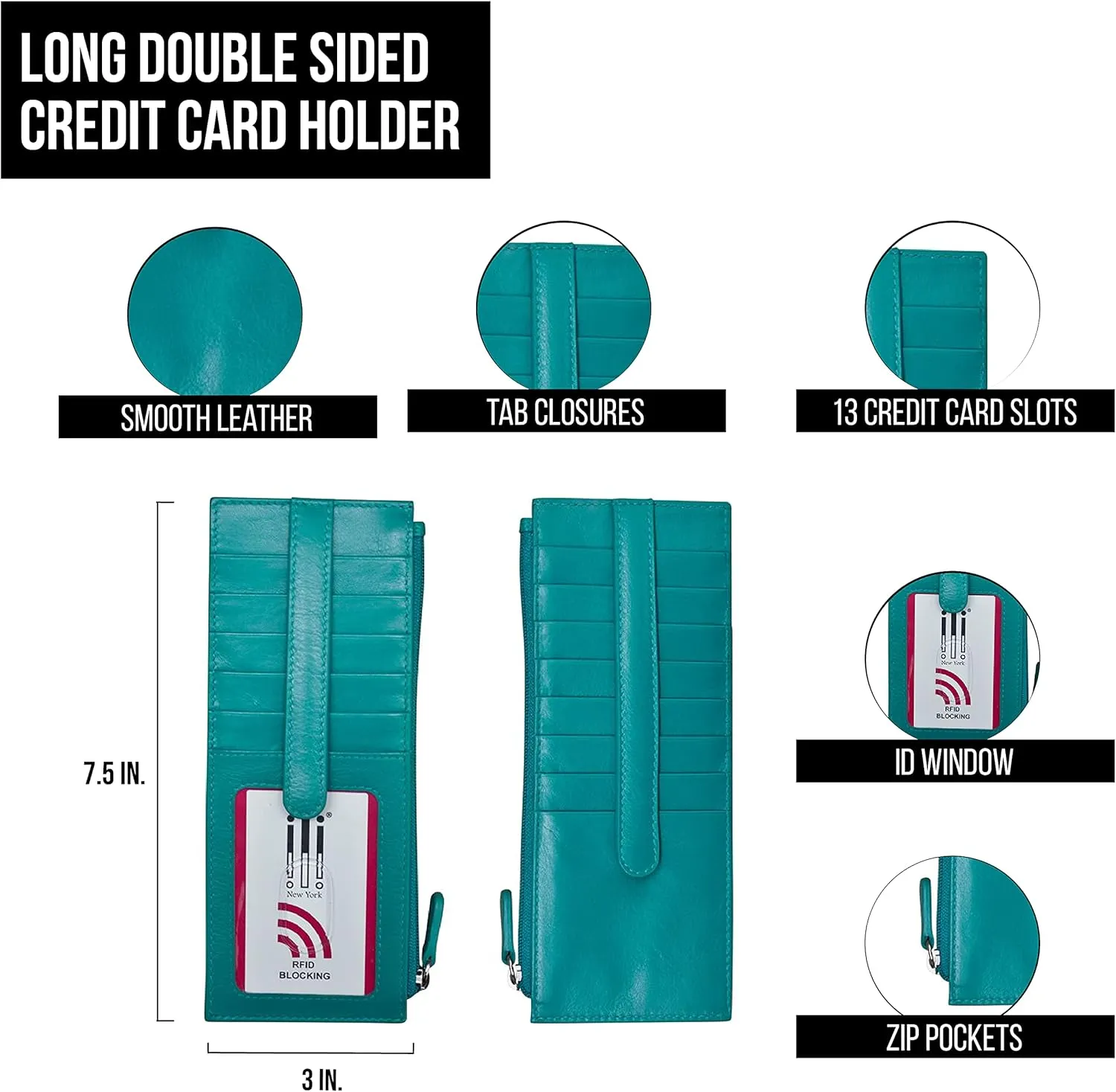 ili New York Long Double Sided Slim Wallet, RFID Blocking Card Holder with ID Window and Side Zip Pocket for Men and Women, Aqua