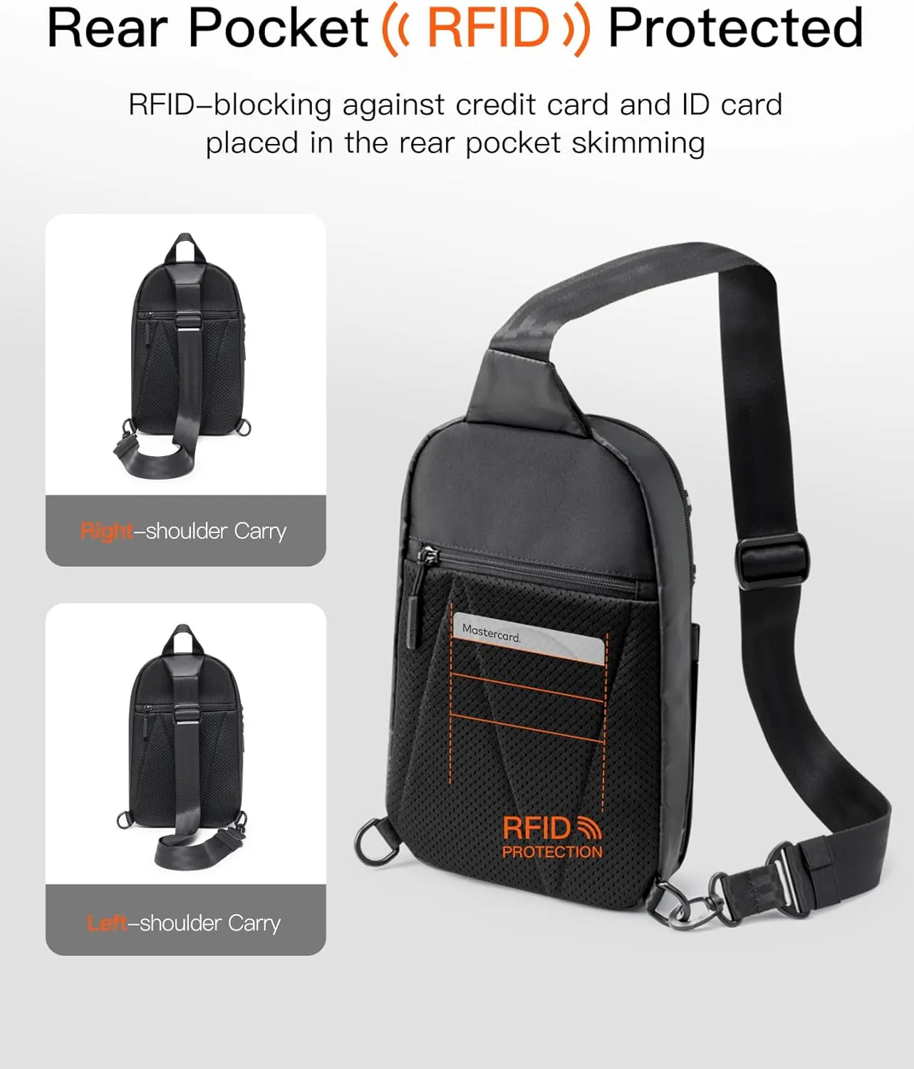 Inateck Sling Bag X-Row with RFID Blocking, Spacious Crossbody Shoulder Chest Everyday Carry Bag with Quick-adjust Strap, Water-resistant Sling Backpack for Men, Women, Travel, Cycling, Hiking, Black
