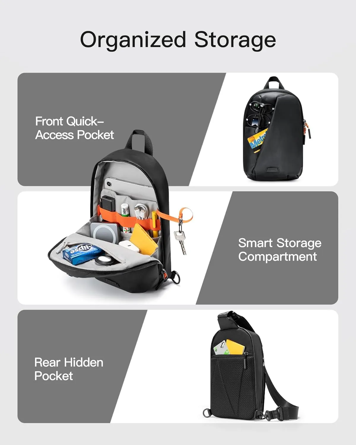 Inateck Sling Bag X-Row with RFID Blocking, Spacious Crossbody Shoulder Chest Everyday Carry Bag with Quick-adjust Strap, Water-resistant Sling Backpack for Men, Women, Travel, Cycling, Hiking, Black