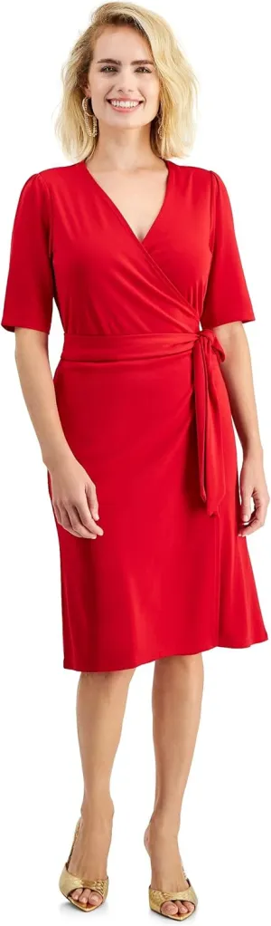 I.N.C. INTERNATIONAL CONCEPTS Petite Elbow-Sleeve Side-Tie Dress Red Zenith PM