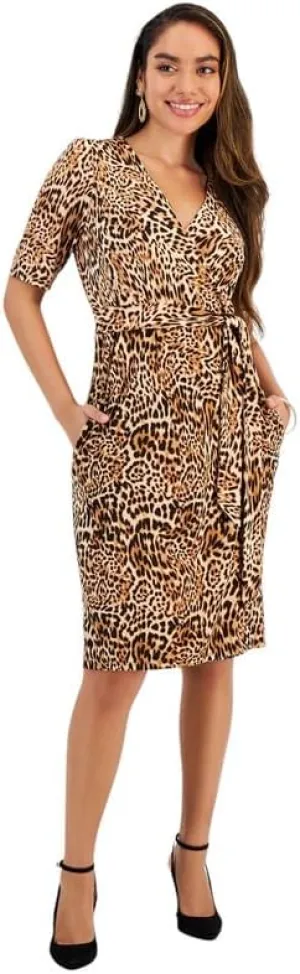 INC International Concepts Women's Petite Elbow-Sleeve Wrap-Style Dress (Maisie Animal, Petite Medium)
