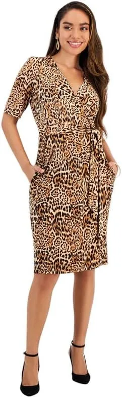 INC International Concepts Women's Petite Elbow-Sleeve Wrap-Style Dress (Maisie Animal, Petite Medium)
