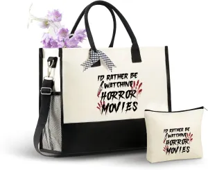 InnoBeta Horror Movie Lover Gifts for Women Canvas Tote Bag, Horror Movie Lover Gifts Tote with Top Zipper Closure and Shoulder Strap for Birthday, Mother's Day, Christmas