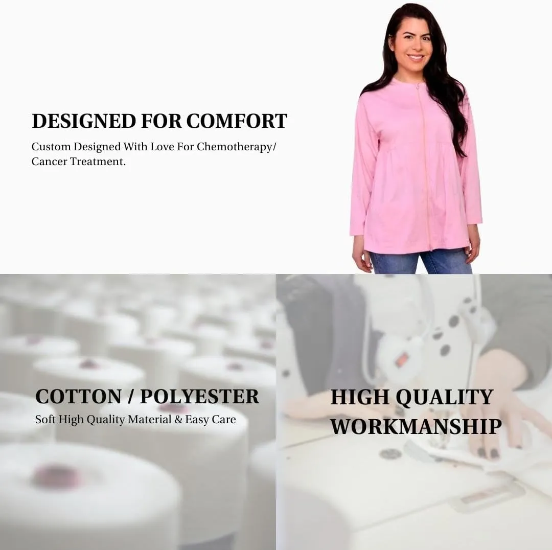 Inspired Comforts Women's Mastectomy Recovery Full Sleeves Front Open Zip Up Shirt with Drain Pockets