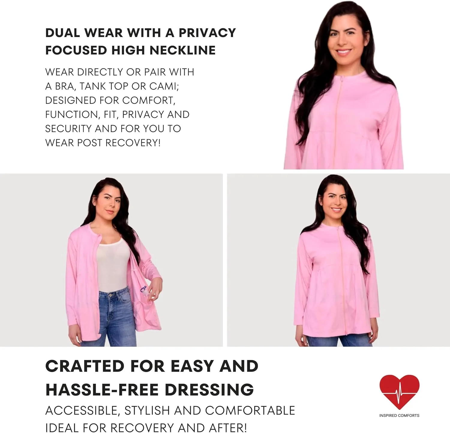 Inspired Comforts Women's Mastectomy Recovery Full Sleeves Front Open Zip Up Shirt with Drain Pockets