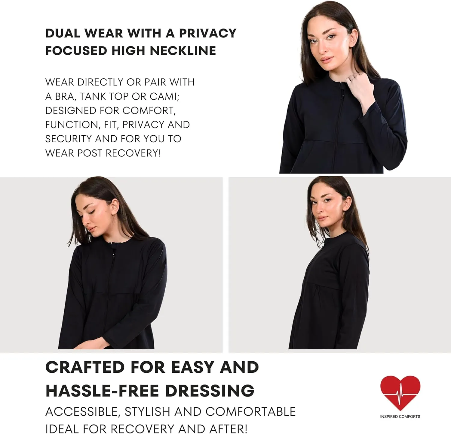 Inspired Comforts Women's Mastectomy Recovery Full Sleeves Front Open Zip Up Shirt with Drain Pockets