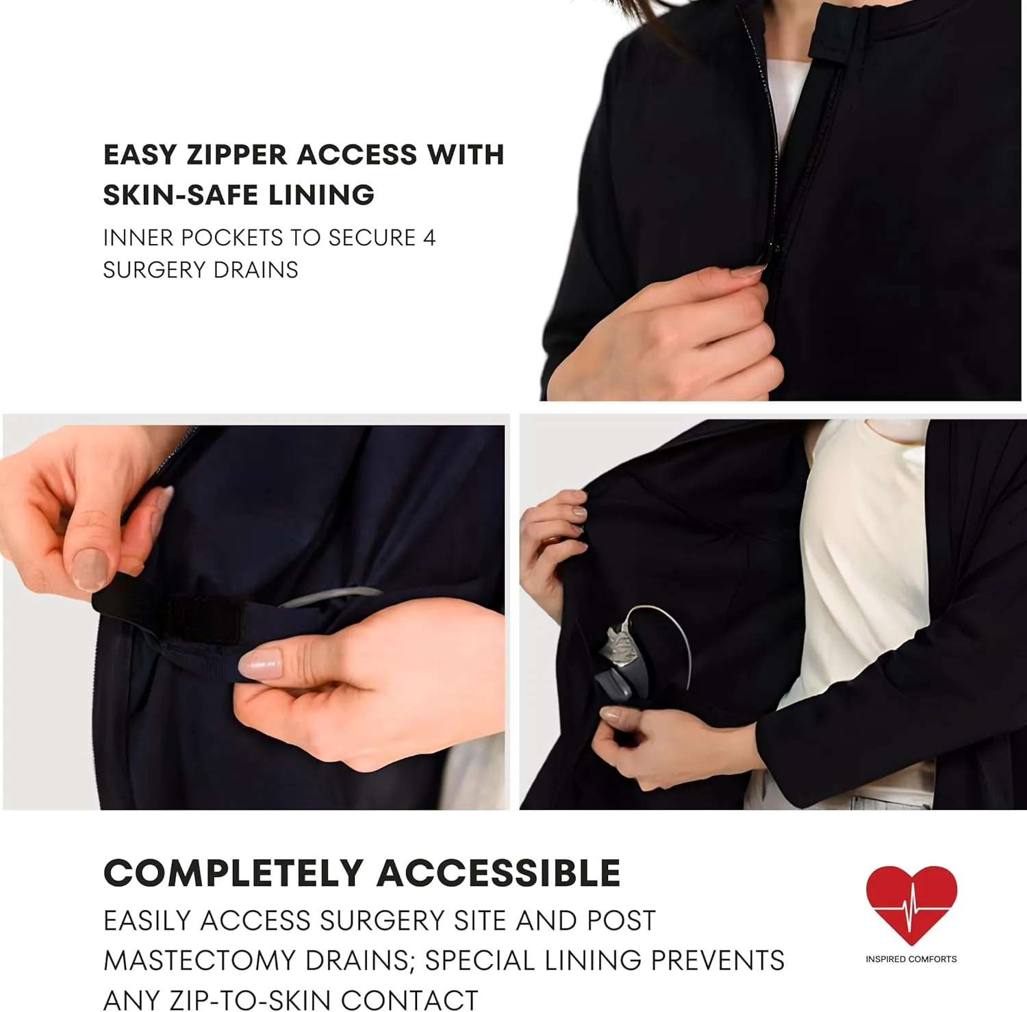 Inspired Comforts Women's Mastectomy Recovery Full Sleeves Front Open Zip Up Shirt with Drain Pockets