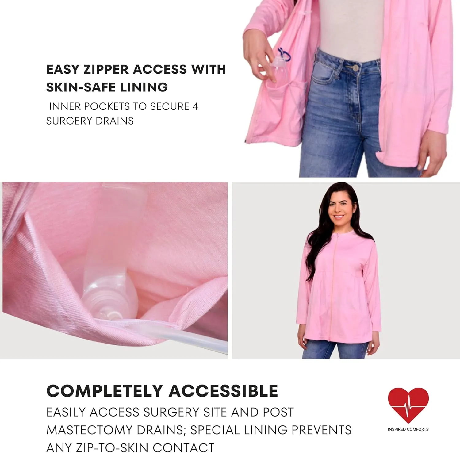 Inspired Comforts Women's Mastectomy Recovery Full Sleeves Front Open Zip Up Shirt with Drain Pockets
