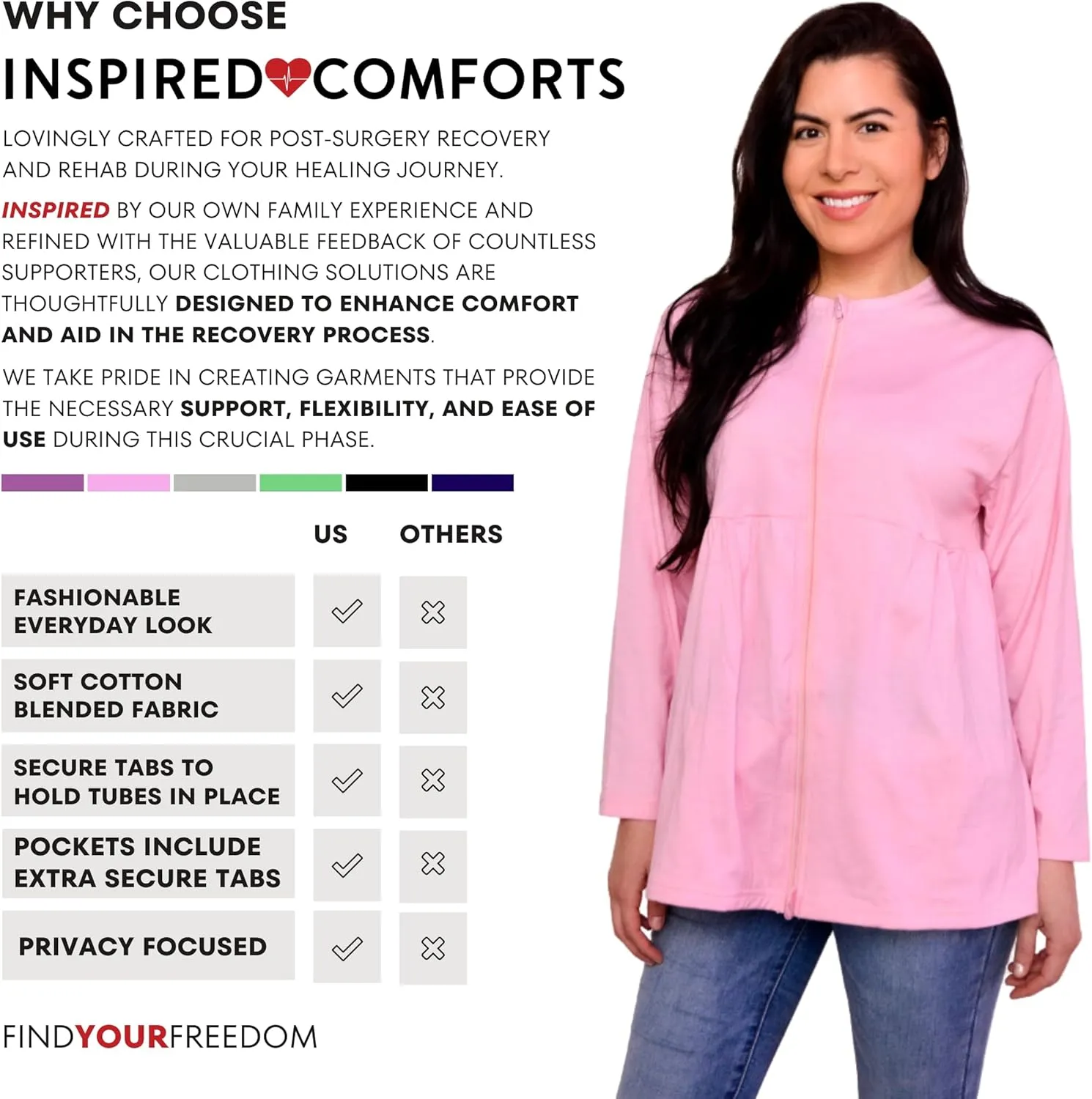 Inspired Comforts Women's Mastectomy Recovery Full Sleeves Front Open Zip Up Shirt with Drain Pockets