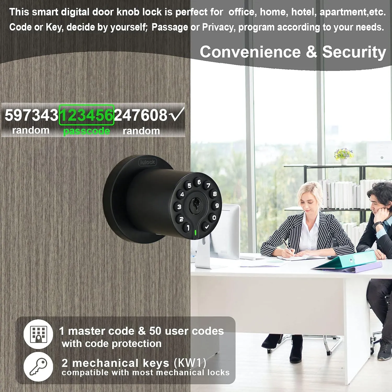 IU-20 Code Door Lock, Electronic Door Knob with Keypad and Key, Auto Lock, Waterproof, Passage Function, Long Battery Life,50 Codes, Easy to use and Install for Office/Warehouse/Bedroom/Garage