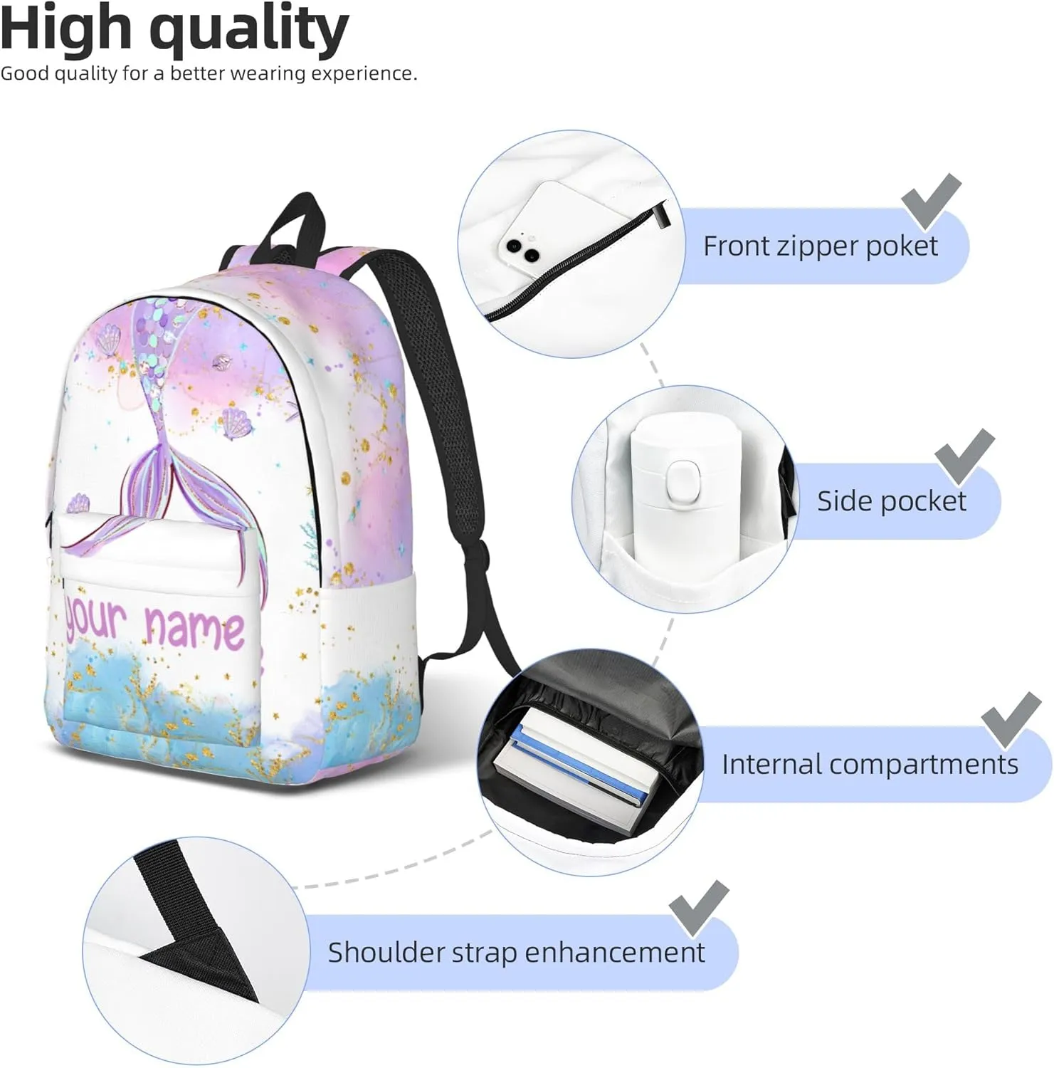 J&SBGFT Personalized Backpack for Girls,Custom Backpacks with Name,Customized Mermaid School Bag for Kids Girl,Book Bags for Student Back to School Travel Picnic 15in