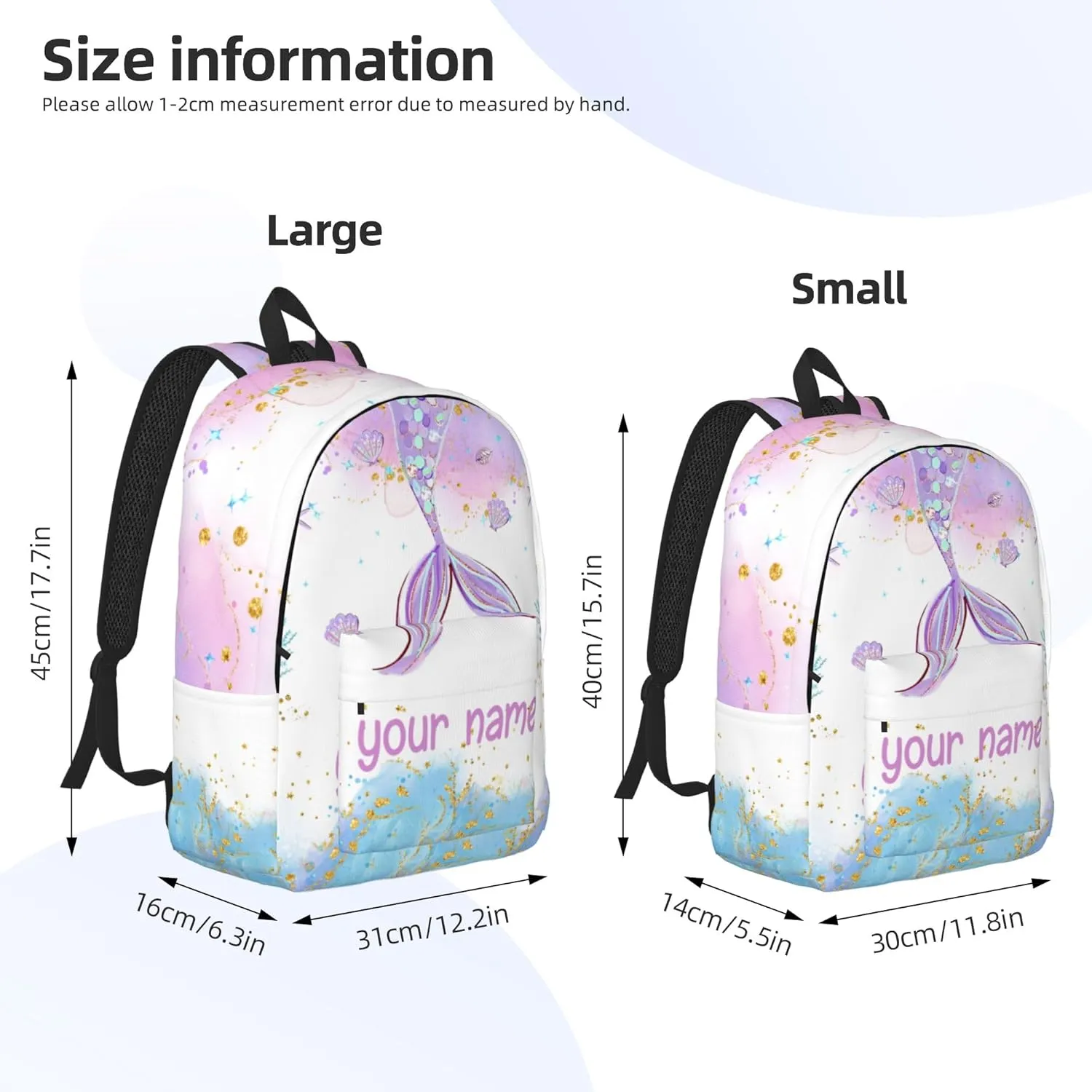 J&SBGFT Personalized Backpack for Girls,Custom Backpacks with Name,Customized Mermaid School Bag for Kids Girl,Book Bags for Student Back to School Travel Picnic 15in