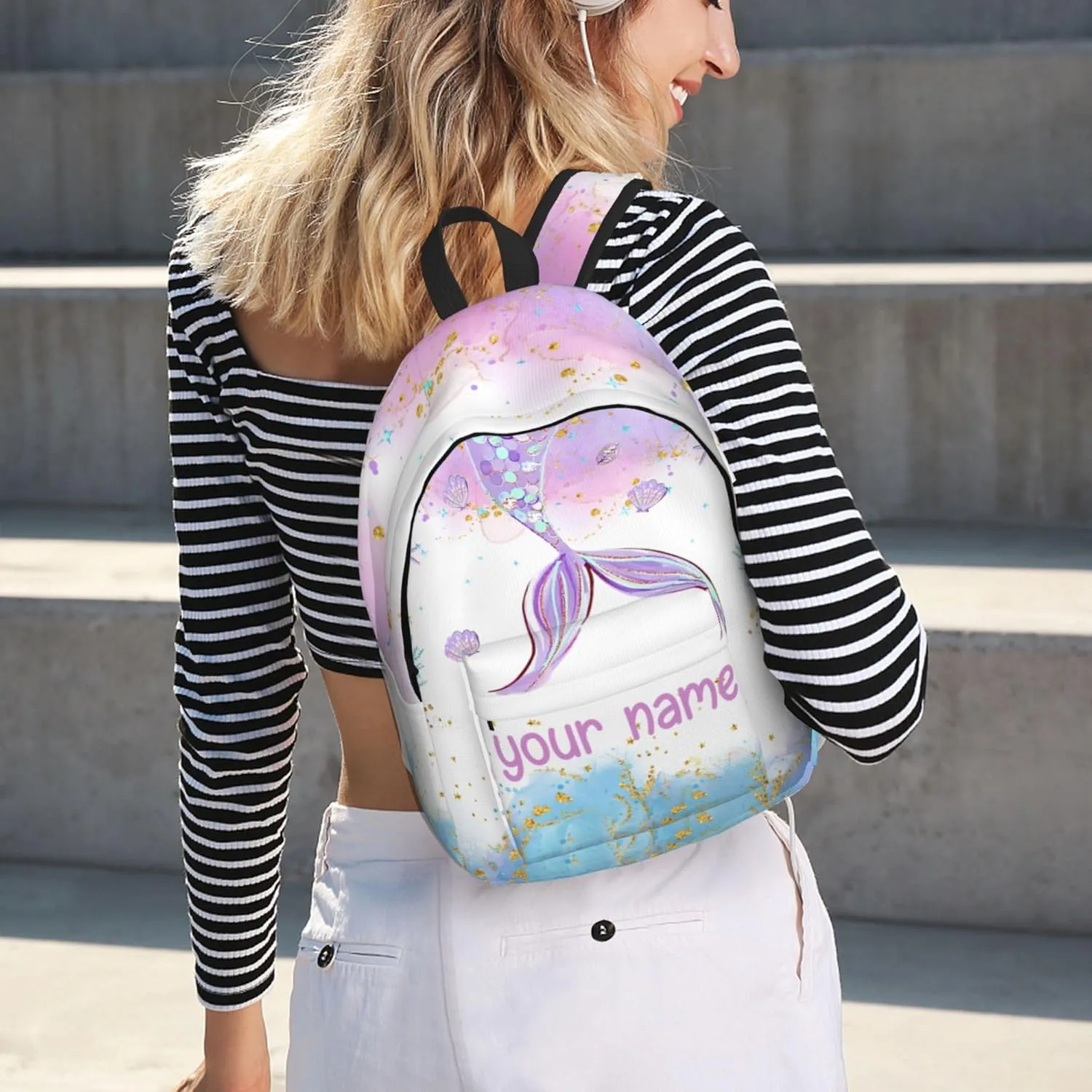 J&SBGFT Personalized Backpack for Girls,Custom Backpacks with Name,Customized Mermaid School Bag for Kids Girl,Book Bags for Student Back to School Travel Picnic 15in