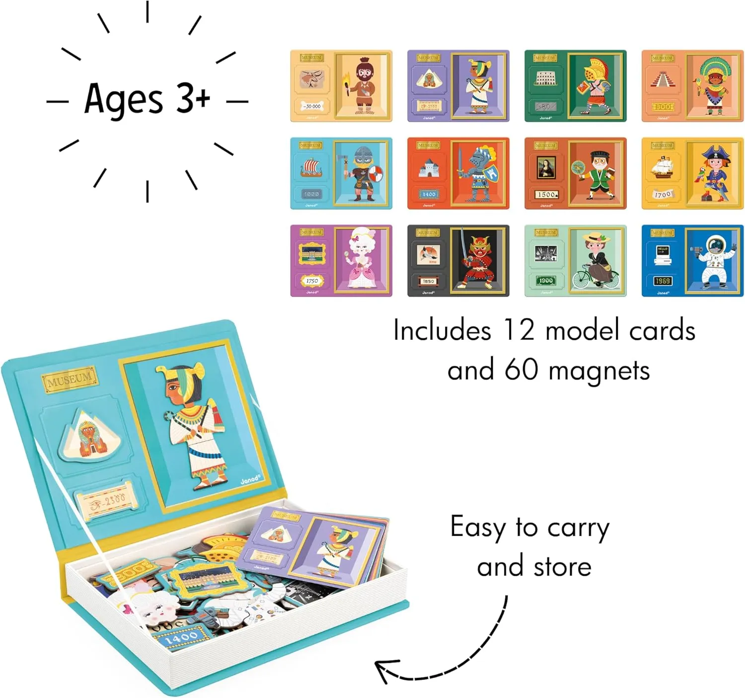 Janod - Magnéti'Book Histoire - Magnetic Educational Game 60 Magnets   12 Models - Children's Toy Made of Cardboard - Develops Fine Motor Skills and Imagination - Suitable for Ages 3 and Above