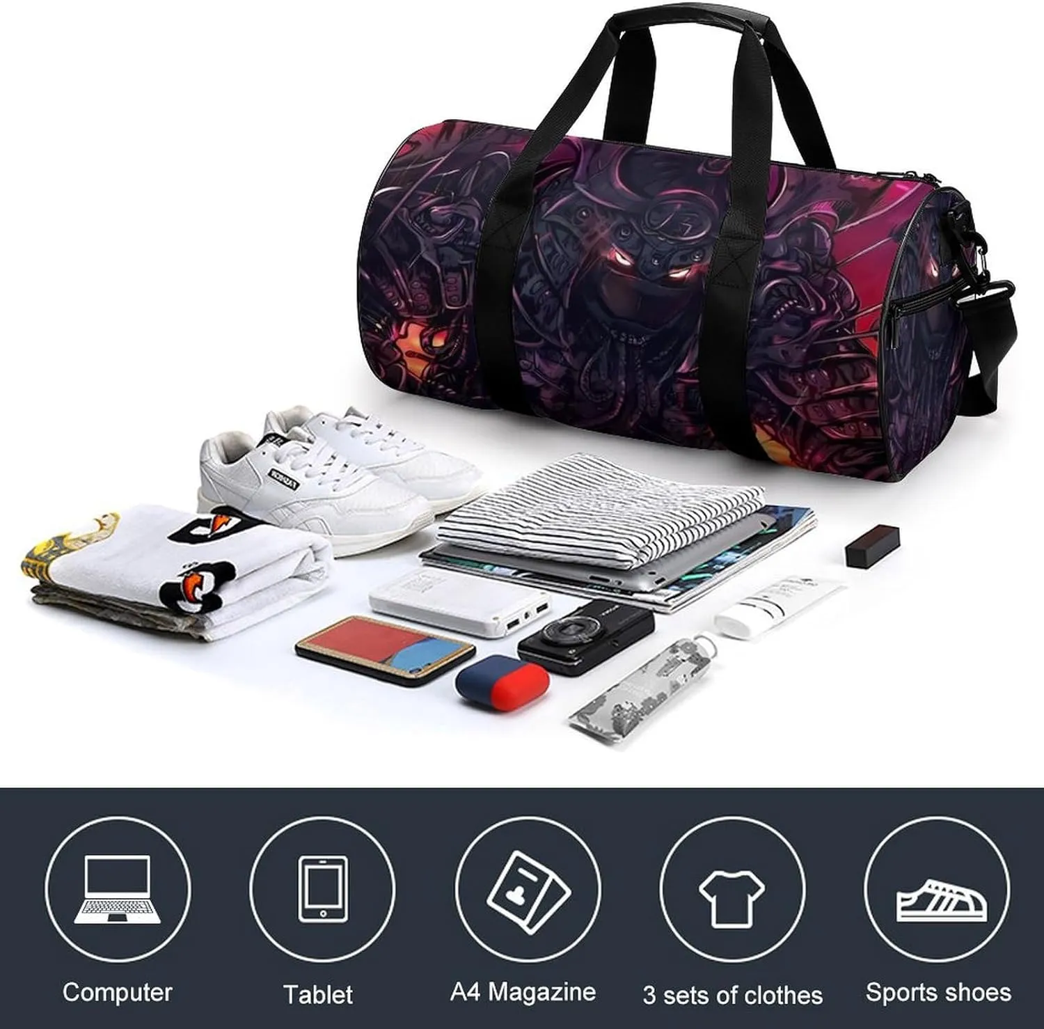 Japanese Samurai Graphic Duffelbag Utility Bag Lightweight Duffelbag Picnic Bags Gym Satchel Durable Handbag Sports Duffel Bags 17.7in/9in/9in