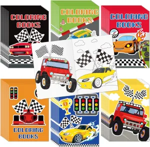 JAPBOR Race Car Coloring Books - 48PCS Mini Racing Cars Color Books Bulk for Kid Party Favors, Truck Transportation Themed Small DIY Colour Pages for Birthday Gifts Class School Drawing Painting Game