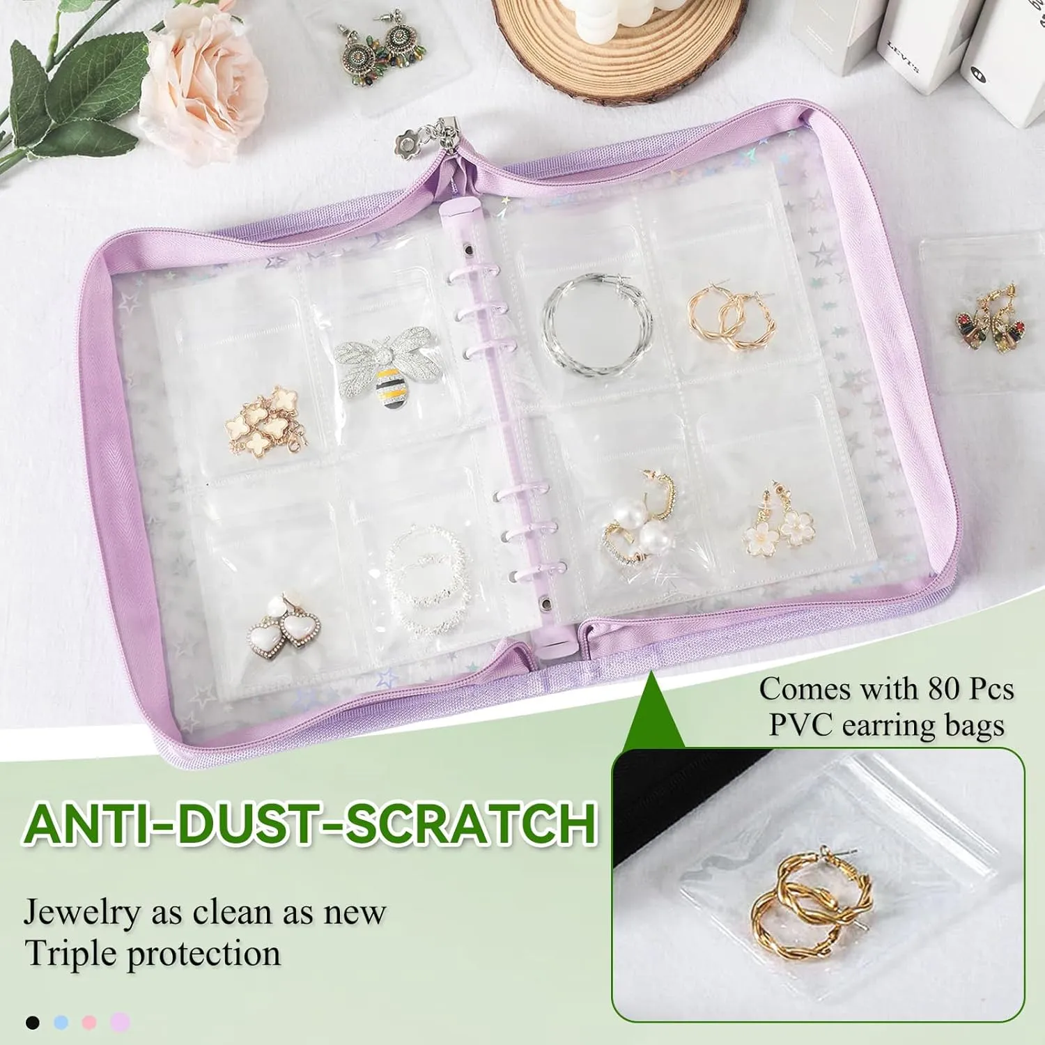 Jewelry Organizer Case Travel Clear Earring Organizer Case Transparent Jewelry Storage Book with Clear Zippered Jewelry Pouch (Purple, With 80 Pcs small Jewelry Pouches)