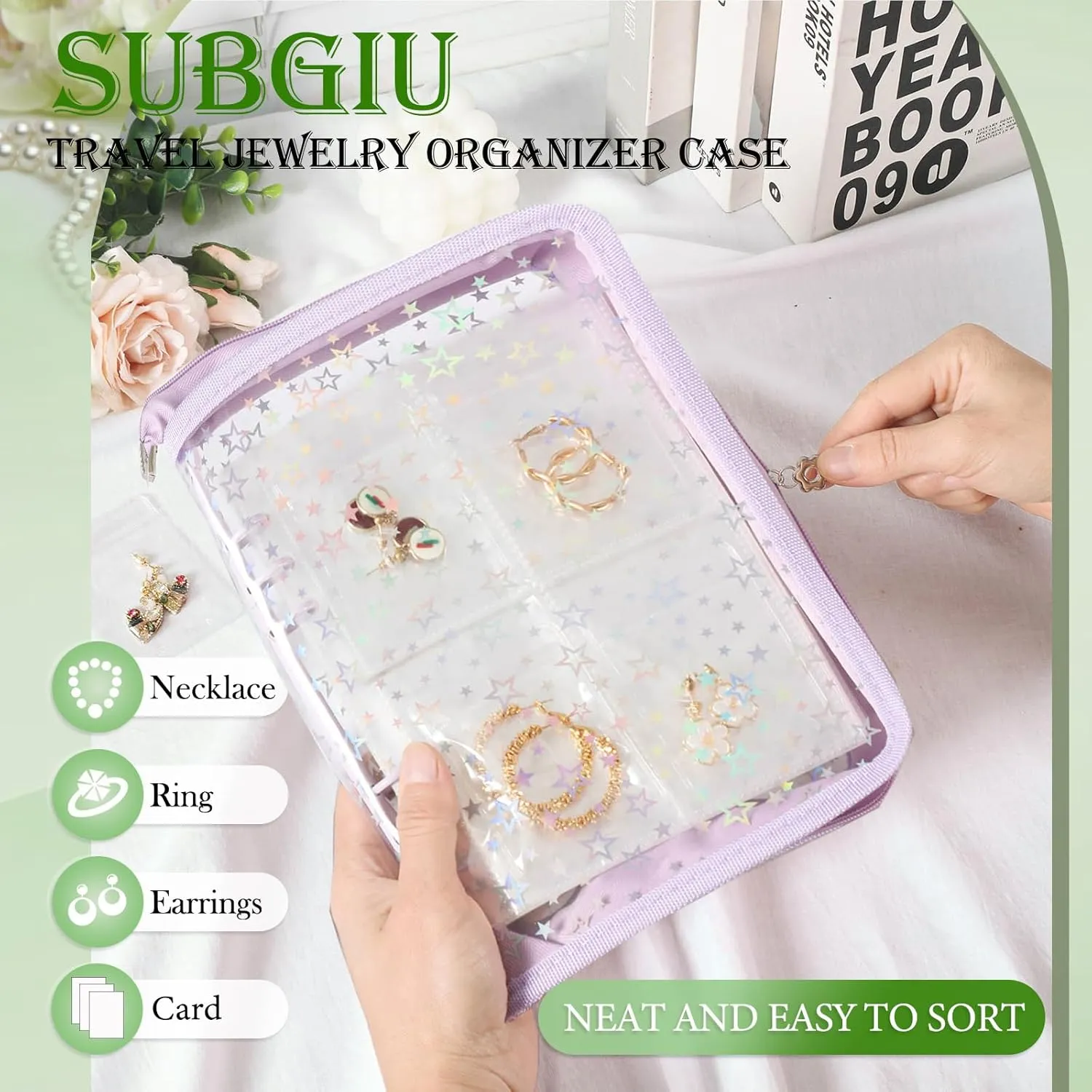 Jewelry Organizer Case Travel Clear Earring Organizer Case Transparent Jewelry Storage Book with Clear Zippered Jewelry Pouch (Purple, With 80 Pcs small Jewelry Pouches)