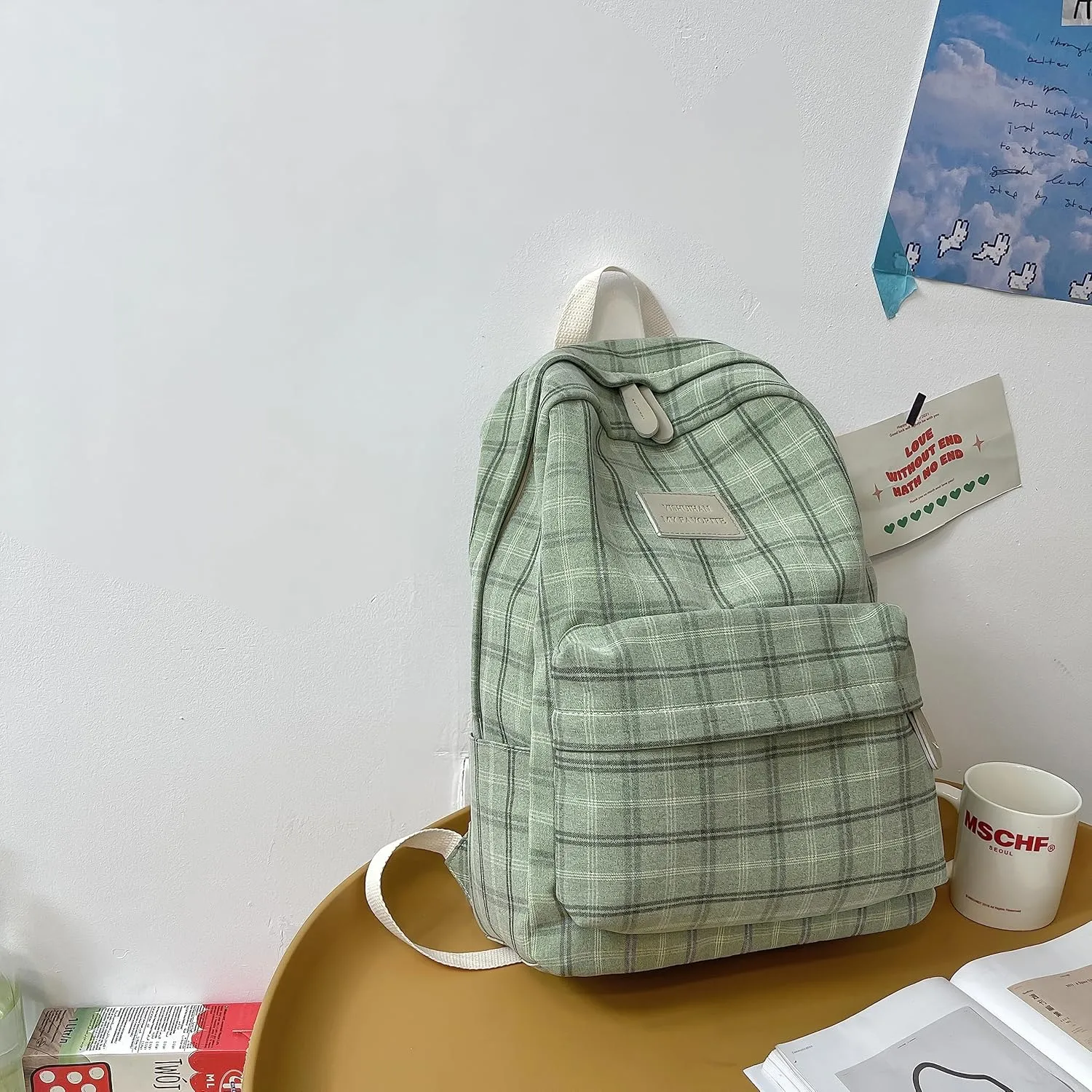 JHTPSLR Light Academia Aesthetic Backpack Plaid Preppy Backpack Teen Girls Book Bags Back to School Backpack Supplies (Sage Green)