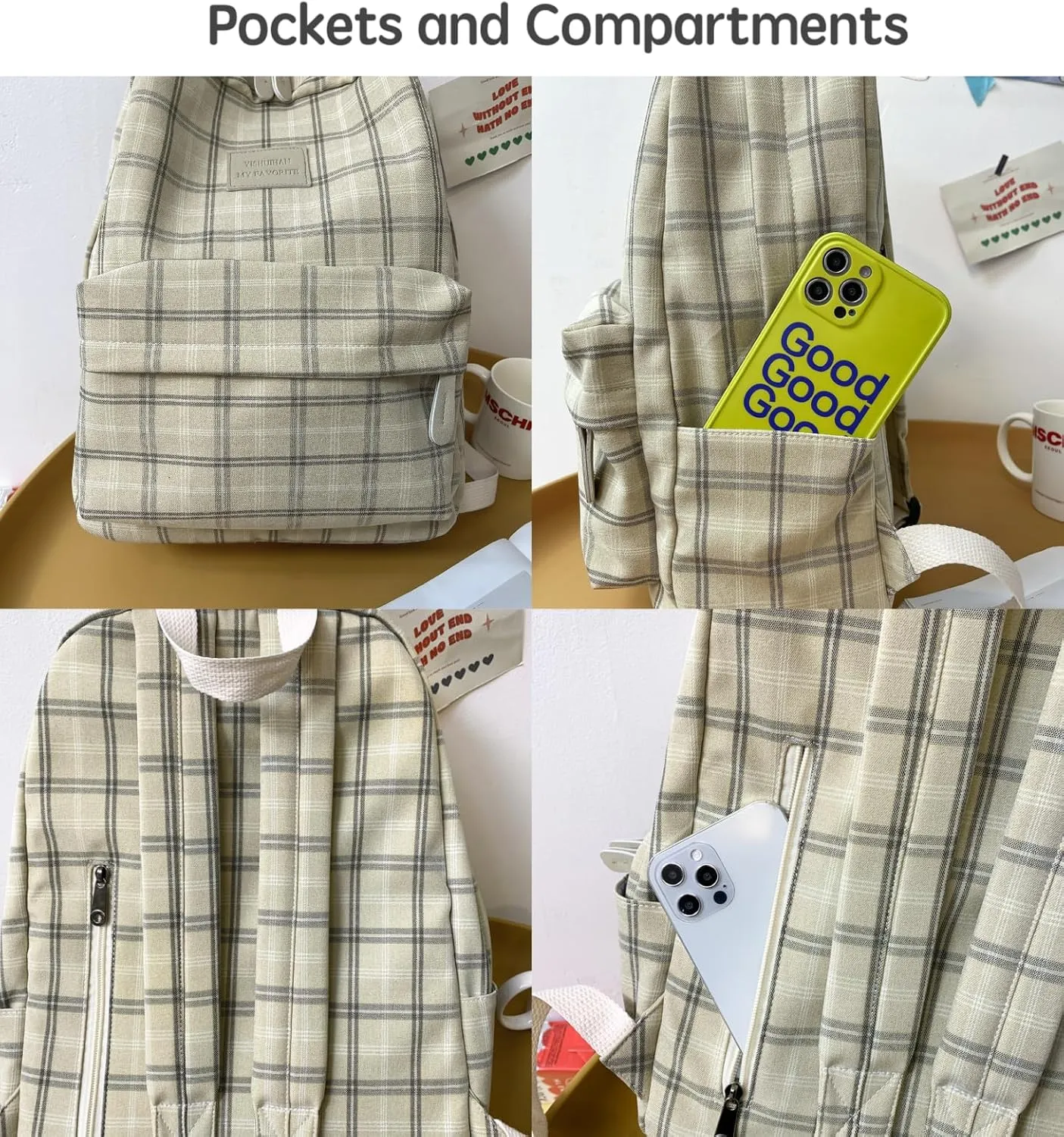 JHTPSLR Light Academia Aesthetic Backpack Plaid Preppy Backpack Teen Girls Book Bags Back to School Backpack Supplies (Sage Green)