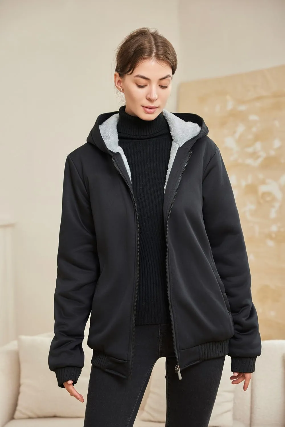 JiangWu Womens Fashion Fleece Sherpa Lined Hooded Coat Winter Thicken Warm Jacket