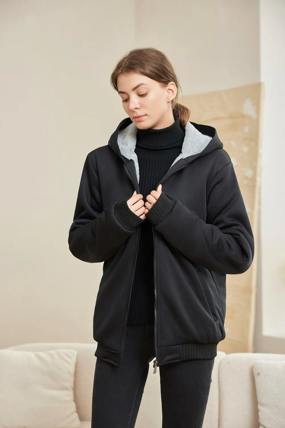 JiangWu Womens Fashion Fleece Sherpa Lined Hooded Coat Winter Thicken Warm Jacket