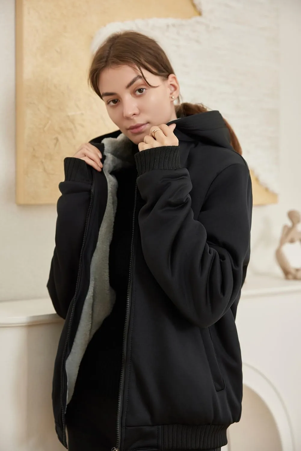 JiangWu Womens Fashion Fleece Sherpa Lined Hooded Coat Winter Thicken Warm Jacket