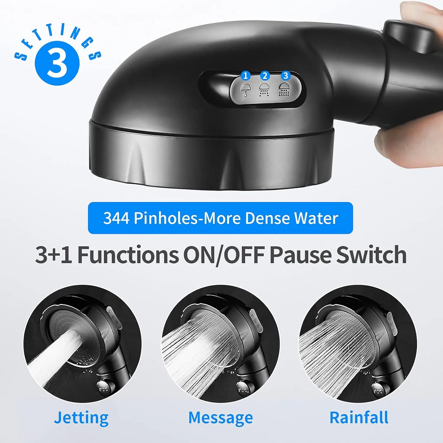 JONKEAN High Pressure Shower Head with 3 Spray Settings, Water Saving Handheld RV Shower Head with Hose and On Off Switch, Detachable Shower Heads with Hose and Angle-Adjustable Bracket (Black)