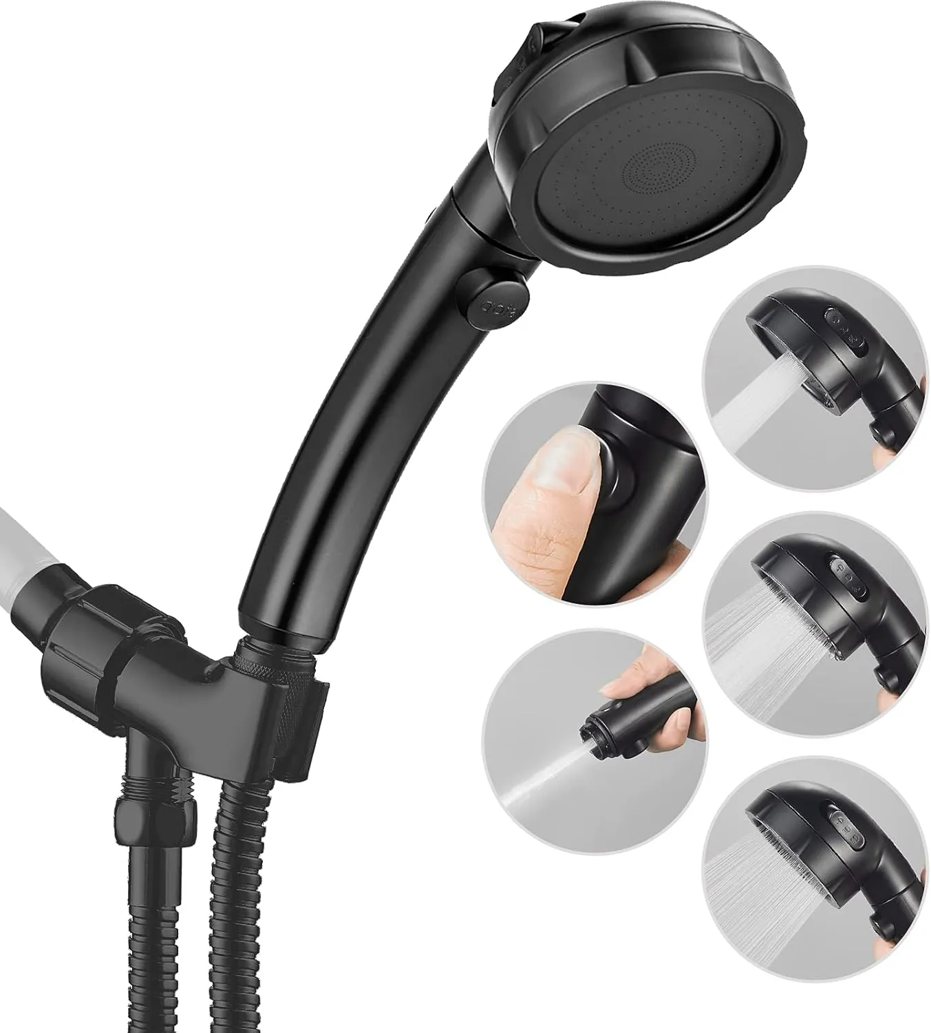 JONKEAN High Pressure Shower Head with 3 Spray Settings, Water Saving Handheld RV Shower Head with Hose and On Off Switch, Detachable Shower Heads with Hose and Angle-Adjustable Bracket (Black)