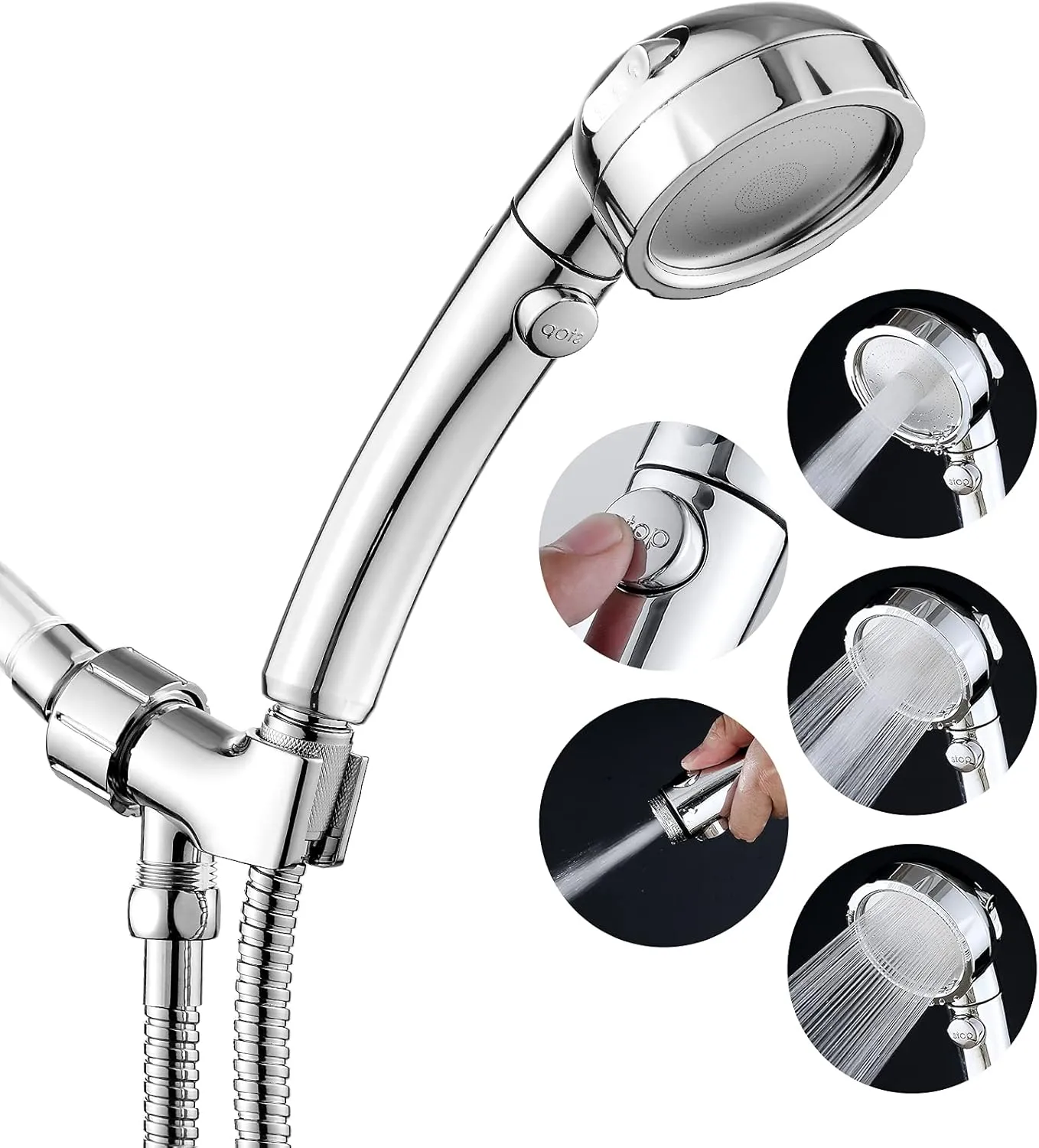 JONKEAN High Pressure Shower Head with 3 Spray Settings, Water Saving Handheld RV Shower Head with Hose and On Off Switch, Detachable Shower Heads with Hose and Angle-Adjustable Bracket (Chrome)